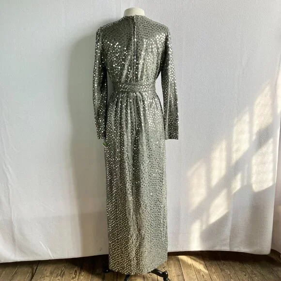 1970s Silver Sequined Modest Long Sleeve Maxi Dress - Picture 13 of 15